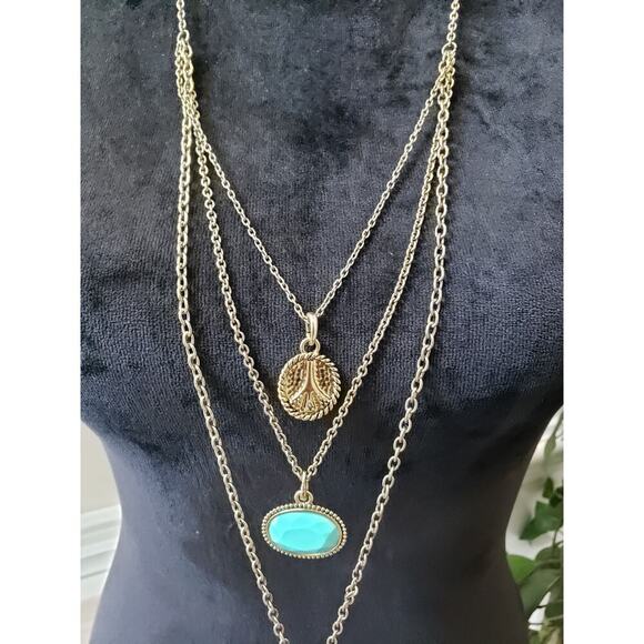 Women's Gold Tone Layered Necklace Lobster Clasp Turquoise Peace Charm Boho - Picture 2 of 4